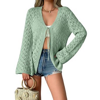 Women’s V-Neck Tie Front Bell Sleeve Cardigan Sweater Long Sleeve Knit Cardigan