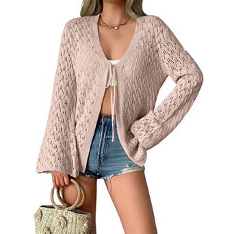 Women’s V-Neck Tie Front Bell Sleeve Cardigan Sweater Long Sleeve Knit Cardigan