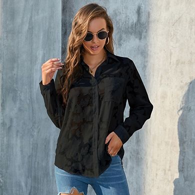 Womens Button Down Blouse Long Sleeve Collared Blouse Casual Work Tops Loose Fit T Shirt