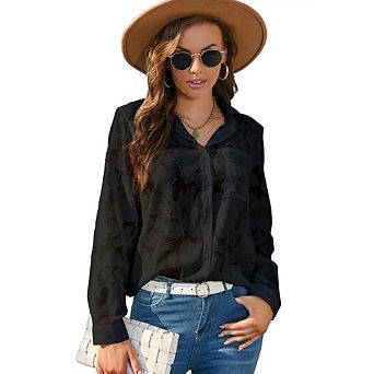 Womens Button Down Blouse Long Sleeve Collared Blouse Casual Work Tops Loose Fit T Shirt