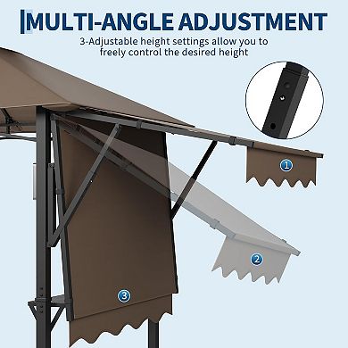 8x5ft BBQ Gazebo: 2-Tier, Side Awnings, 2 Shelves, 10 Hooks, 4 LEDs, Steel Frame