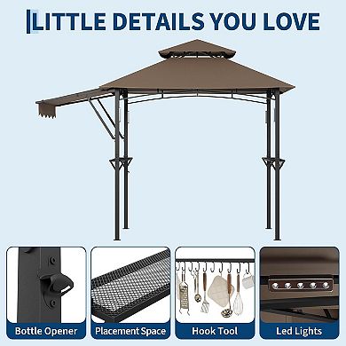 8x5ft BBQ Gazebo: 2-Tier, Side Awnings, 2 Shelves, 10 Hooks, 4 LEDs, Steel Frame