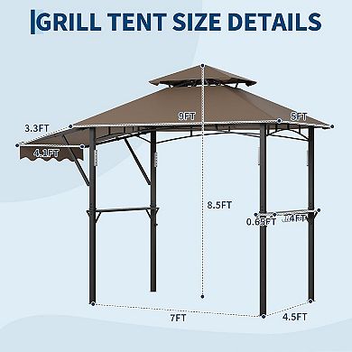 8x5ft BBQ Gazebo: 2-Tier, Side Awnings, 2 Shelves, 10 Hooks, 4 LEDs, Steel Frame