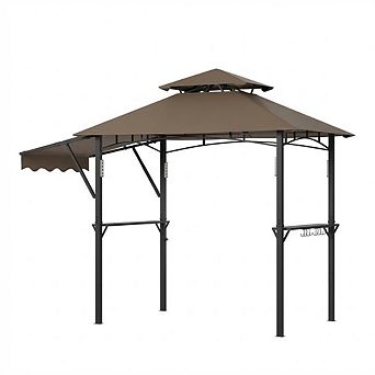 8x5ft BBQ Gazebo: 2 tier Side Awnings, 2 Shelves, 10 Hooks, 4 LEDs, Steel Frame