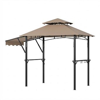 8x5ft BBQ Gazebo: 2 tier Side Awnings, 2 Shelves, 10 Hooks, 4 LEDs, Steel Frame