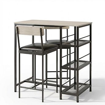 3 pc Dining Table Set with 2 Upholstered Bar Stools, Bar Table Set w/ Wine Rack for Kitchen