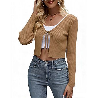 Women’s V-Neck Tie Front Long Sleeve Knit Cardigan Sweater Casual Layering