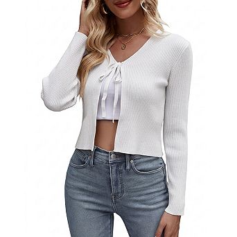 Women’s V-Neck Tie Front Long Sleeve Knit Cardigan Sweater Casual Layering