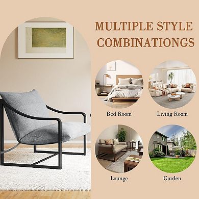 Metal Frame Upholstered Sling Chair Foam Cushion Modern Accent Reading Armchair