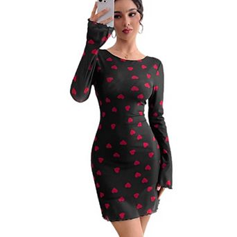 Women's Heart Print Bodycon Mini Dress Bell Sleeve Open Back Tie Dress