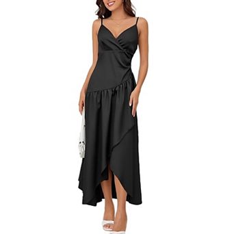 Women's Satin Asymmetrical Maxi Dress Spaghetti Strap Wrap Dress for Cocktail Parties