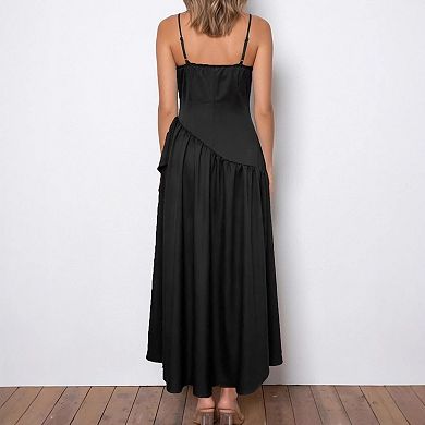 Women's Satin Asymmetrical Maxi Dress Spaghetti Strap Wrap Dress for Cocktail Parties