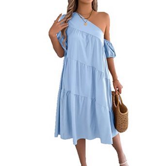 Women's Asymmetrical Off-Shoulder Midi Dress Tiered Ruffle Loose Fit Summer Dress