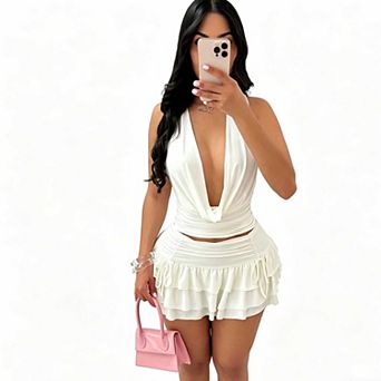 Women's 2 pc Outfit, Cowl Neck Crop Top & Ruffle Tiered Mini Skirt Set