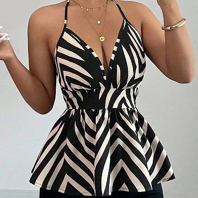 Women's Plus Size Stripe Halter Top V-Neck Peplum Sleeveless Blouse