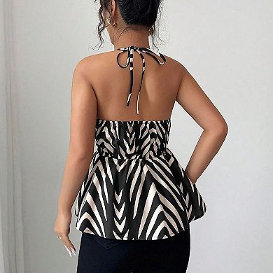 Women's Plus Size Stripe Halter Top V-Neck Peplum Sleeveless Blouse