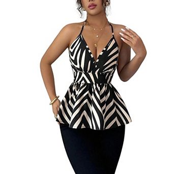 Women's Plus Size Stripe Halter Top V-Neck Peplum Sleeveless Blouse