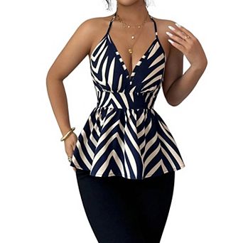 Women's Plus Size Stripe Halter Top V-Neck Peplum Sleeveless Blouse