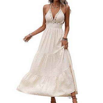 Women's Halter Neck Tiered Maxi Dress V-Neck Shell Trim Flowy Dress for Beach