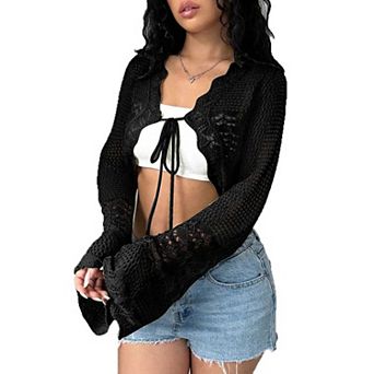 Women's Crochet Lace Cropped Cardigan, Tie Front Long Sleeve Open Knit Cover Up Top