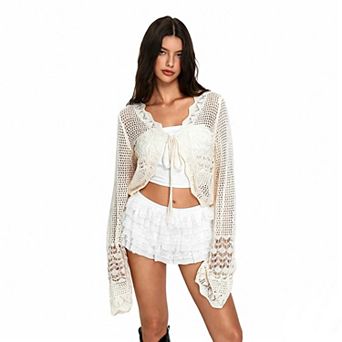 Women's Crochet Lace Cropped Cardigan, Tie Front Long Sleeve Open Knit Cover Up Top