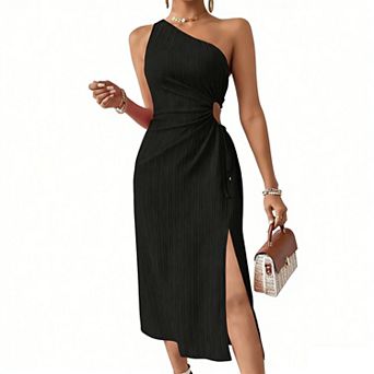 Women's Elegant One-Shoulder Midi Dress Sleeveless Cutout Waist Ribbed Bodycon Dress with Side Slit