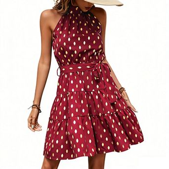 Women's Halter Neck Dress Gold Foil Polka Dot Ruffled Party Dress