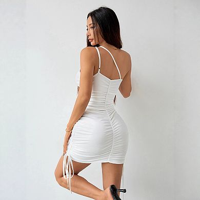 Women's One-Shoulder Ruched Bodycon Mini Dress Adjustable Drawstring Dress