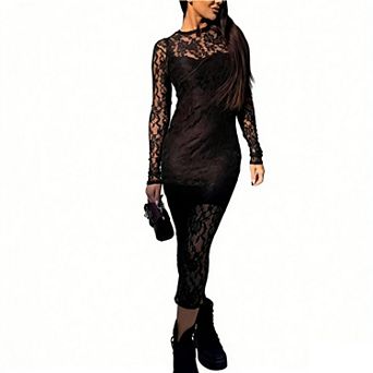 Women's Lace Bodycon Midi Dress Sheer Long Sleeve Round Neck Dress
