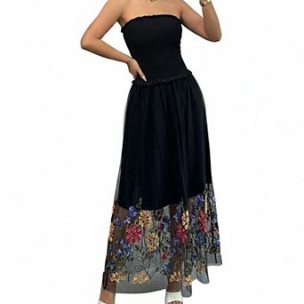 Women's Floral Embroidered Strapless Maxi Dress Smocked Tulle Skirt Summer Dresses