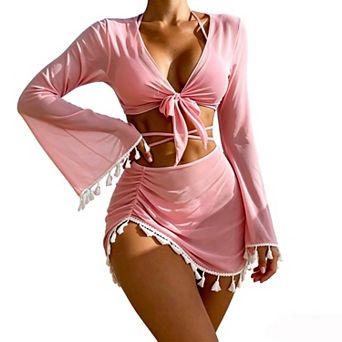 Women's 4 pc Bikini Set, Sheer Mesh Cover Up Top & Skirt, Tassel Trim Swimsuit