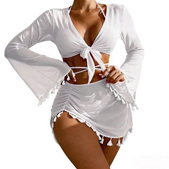 Women's 4 pc Bikini Set, Sheer Mesh Cover Up Top & Skirt, Tassel Trim Swimsuit