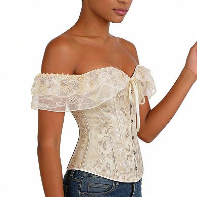 Women's Off Shoulder Lace Corset Top, Waist Training Bustier with Ruffle Sleeve