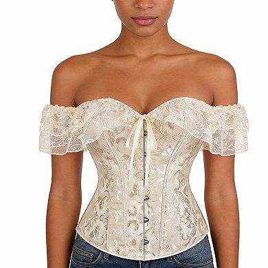 Women's Off Shoulder Lace Corset Top, Waist Training Bustier with Ruffle Sleeve
