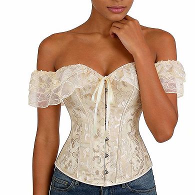 Women's Off Shoulder Lace Corset Top, Waist Training Bustier with Ruffle Sleeve