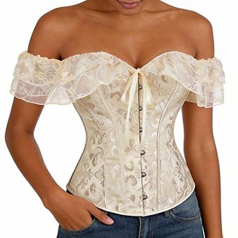 Women's Off Shoulder Lace Corset Top, Waist Training Bustier with Ruffle Sleeve