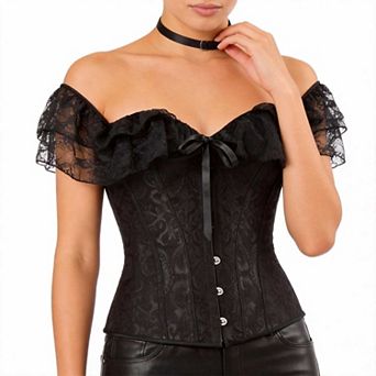 Women's Off Shoulder Lace Corset Top, Waist Training Bustier with Ruffle Sleeve