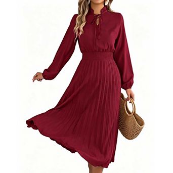 Women's Long Sleeve Pleated Midi Dress, Tie Neck Smocked Waist Flowy Dress