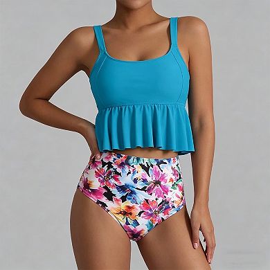 Women's Flounce Tankini Swimsuit, High Waisted Lemon Print Bikini Set for Summer Beach