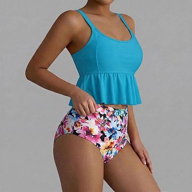 Women's Flounce Tankini Swimsuit, High Waisted Lemon Print Bikini Set for Summer Beach