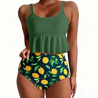 Women's Flounce Tankini Swimsuit, High Waisted Lemon Print Bikini Set for Summer Beach