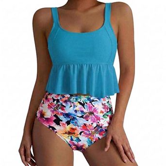 Women's Flounce Tankini Swimsuit, High Waisted Lemon Print Bikini Set for Summer Beach