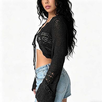 Women's Tie Front Cropped Knit Cardigan, Long Sleeve Openwork V Neck Cover Up Top