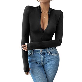 Women Long Sleeve Mock Turtle Neck Body Suits Zip Up Design Bodysuit