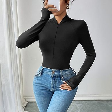 Women Long Sleeve Mock Turtle Neck Body Suits Zip Up Design Bodysuit