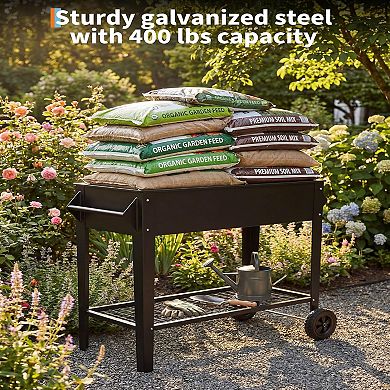 39" Elevated Garden Bed on Wheels, Heavy-Duty 400 Lbs Anti-Rust Steel Planter with Bottom Shelf