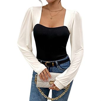 Women's Colorblock Long Sleeve Knitted Leotard Bodysuit Tops