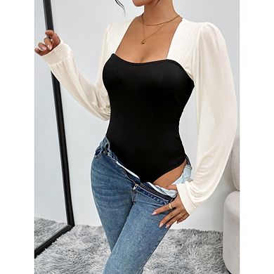 Women's Colorblock Long Sleeve Knitted Leotard Bodysuit Tops