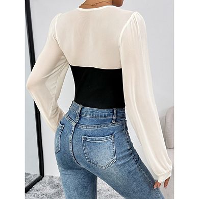 Women's Colorblock Long Sleeve Knitted Leotard Bodysuit Tops
