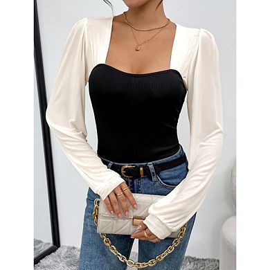 Women's Colorblock Long Sleeve Knitted Leotard Bodysuit Tops